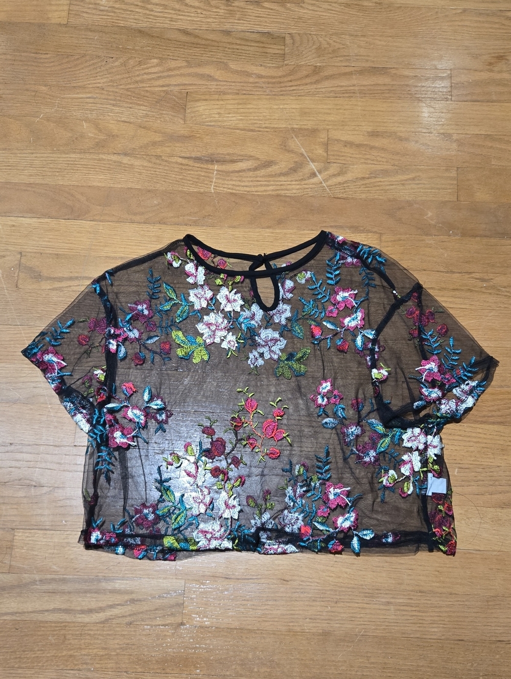 Floral Embroidered Black Sheer Crop Top